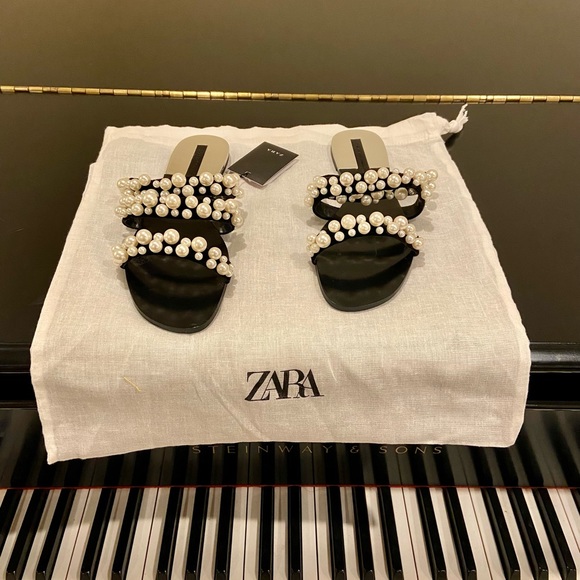 NWT Zara Flat Sandals with pearl embellished straps - Picture 11 of 17